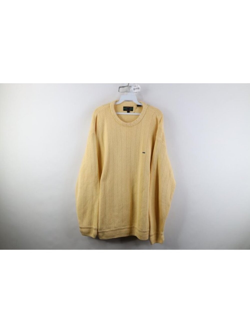 Vtg 90s Streetwear Mens Large Cotton Herringbone Knit Crewneck Sweater Yellow